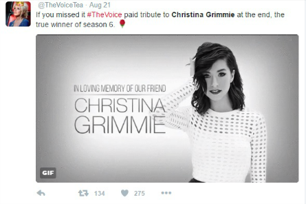 The Voice season 11, Christina Grimmie RIP